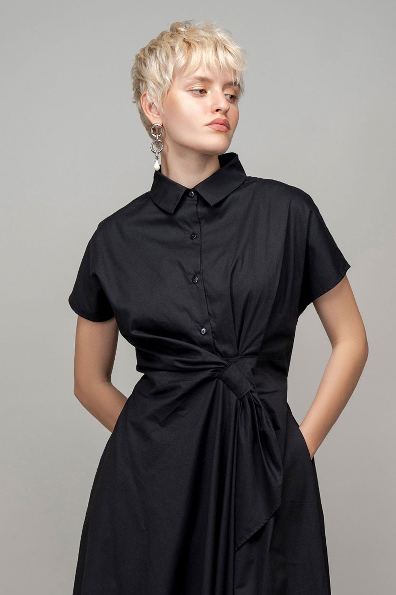 Black Cotton Collared Wrap Dress for Women