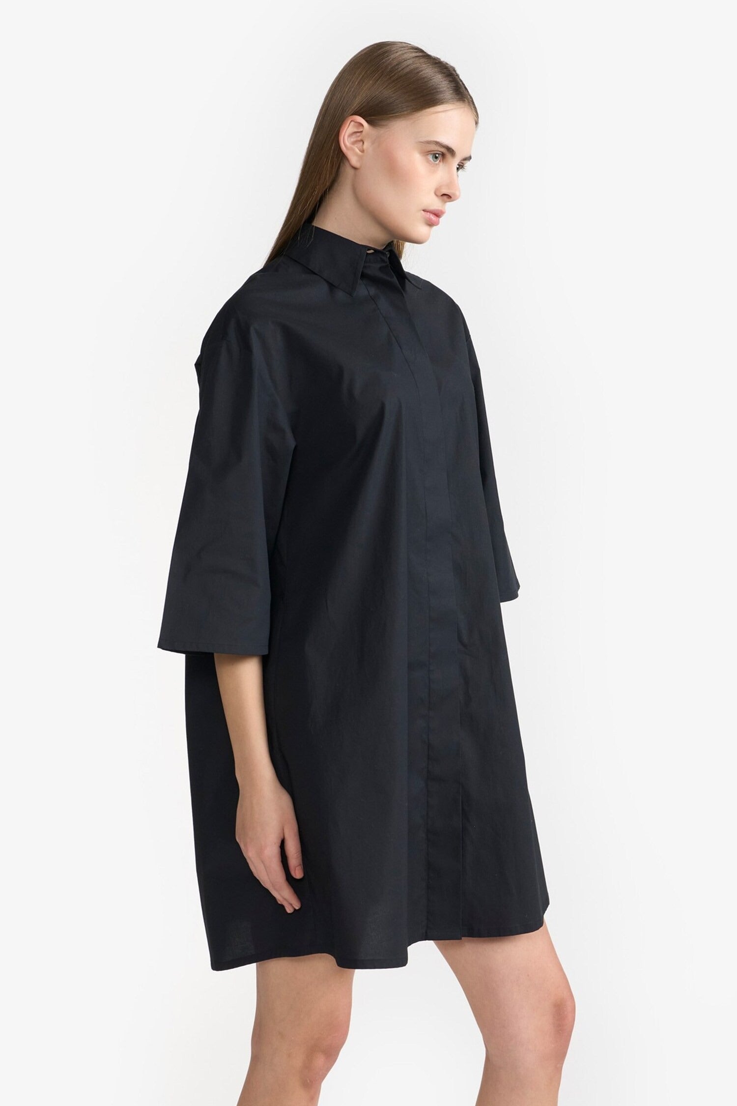 Black Cotton Plain Collared Neck Dress for Women