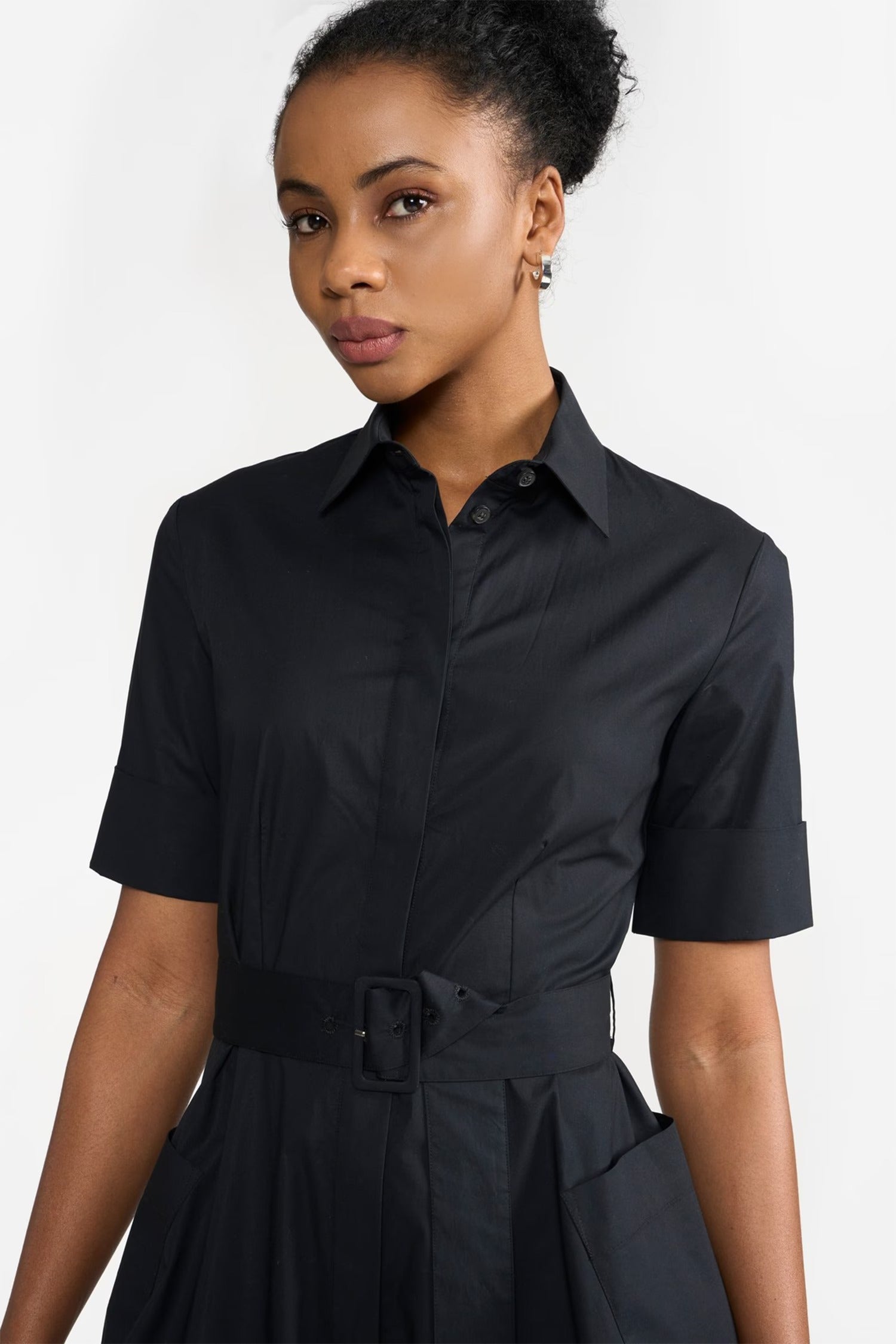 Black Cotton Collared Side Slit Dress for Women