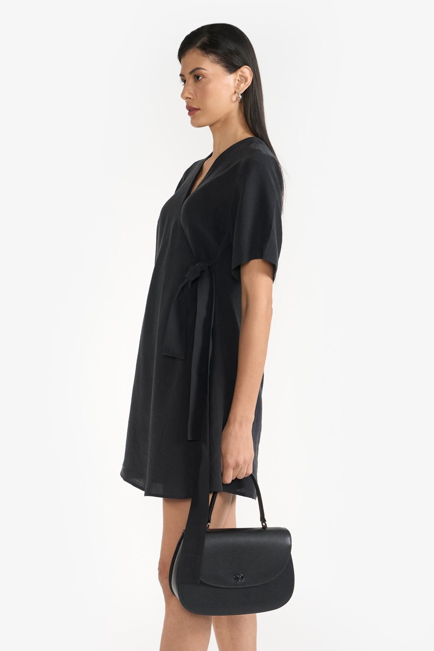 Black Cotton V-Neck Tie Waist Dress for Women