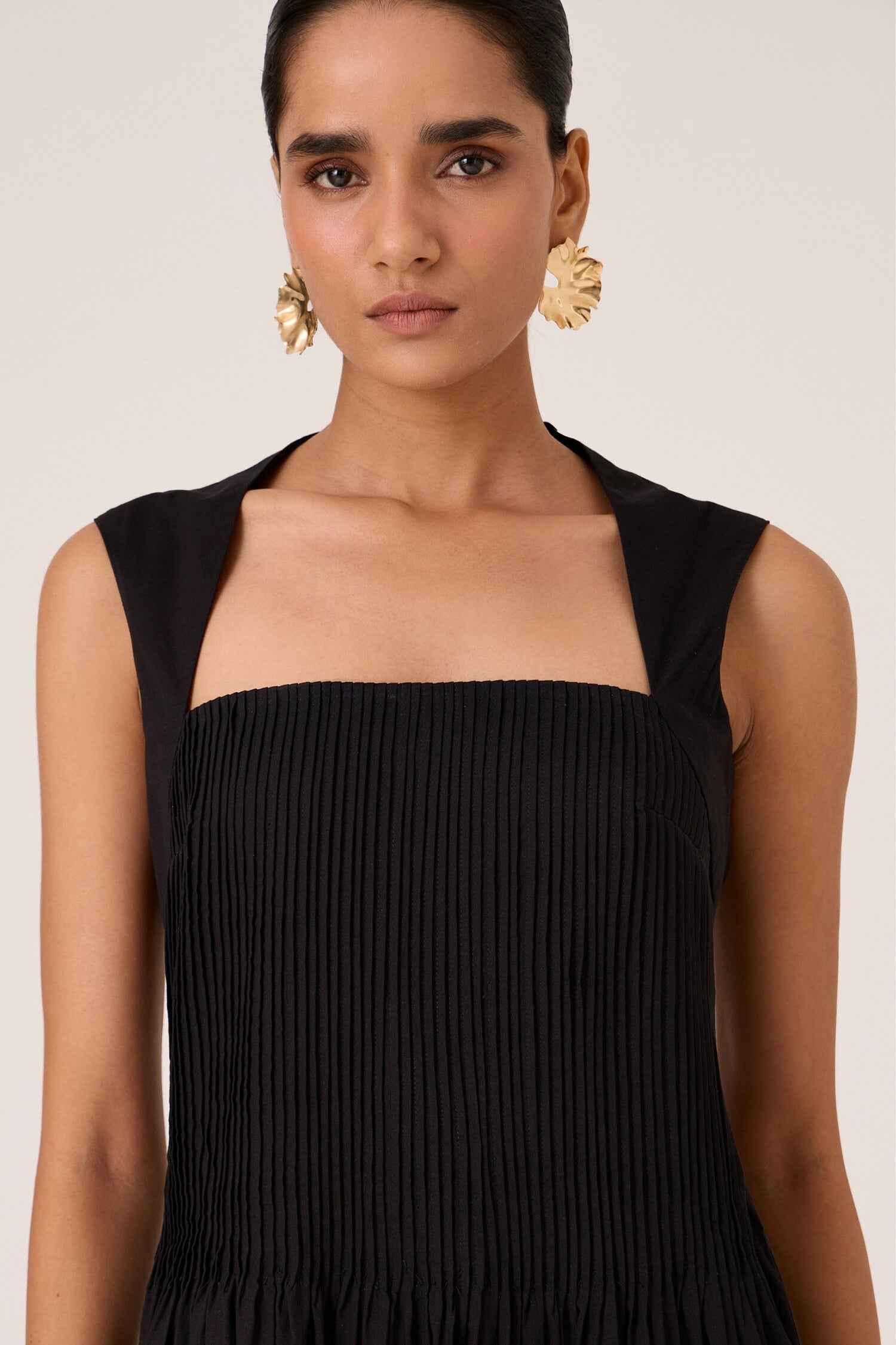 Black Cotton Square Neck Pleated Midi Dress for Women