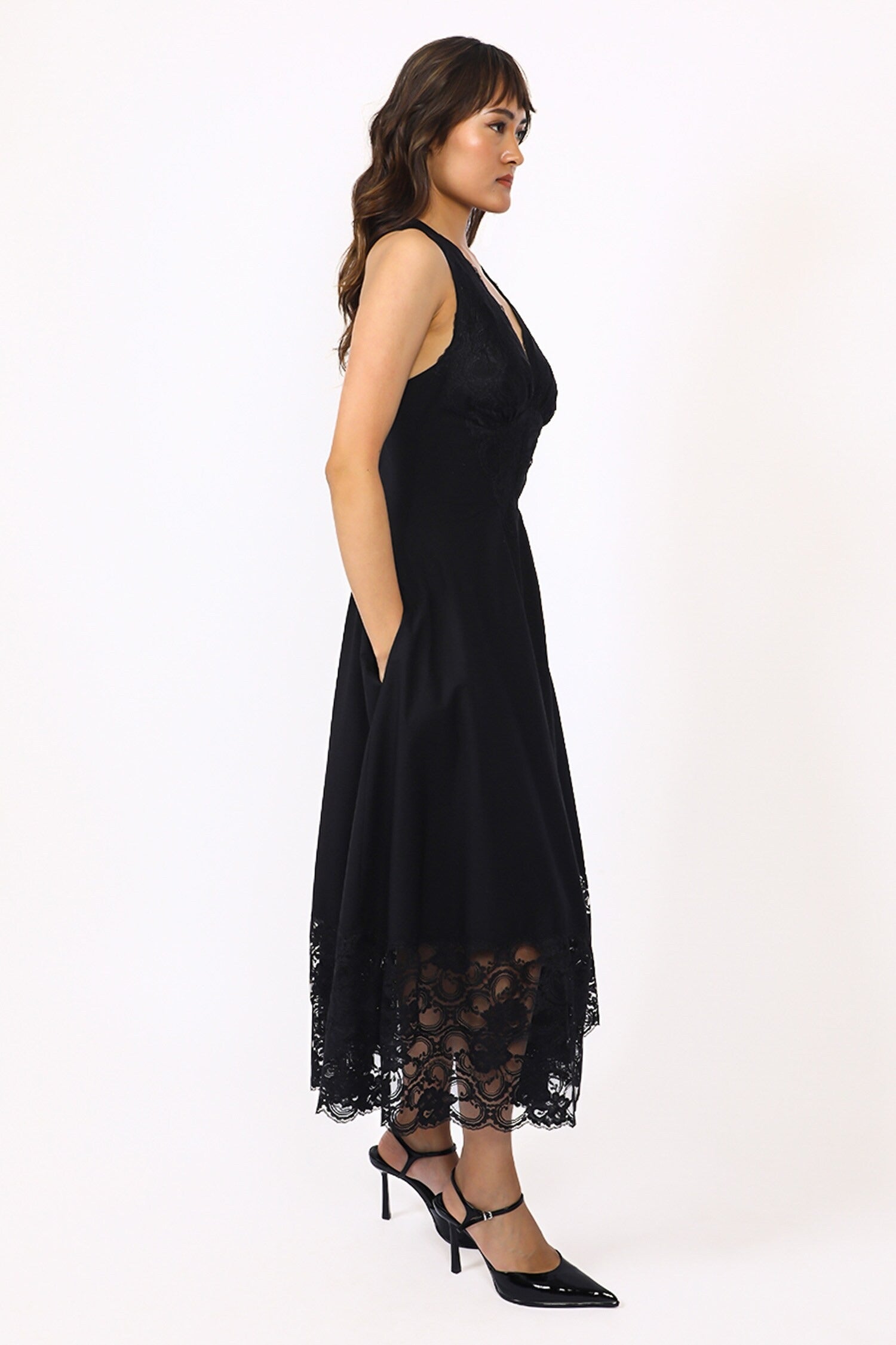 Black Viscose Cotton Lace Plunge Neck Midi Dress for Women