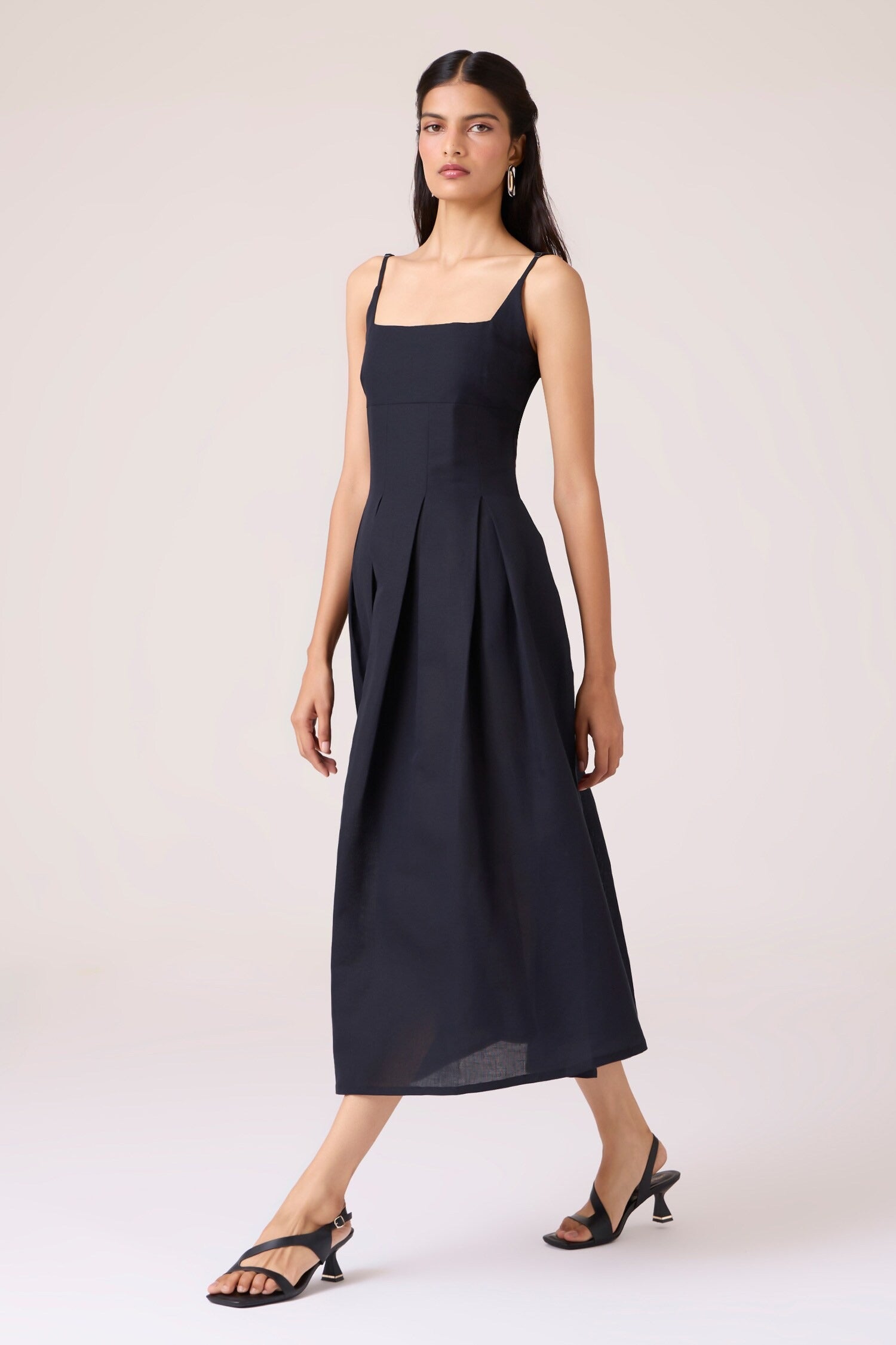 Black Linen Cotton Square Neck Midi Dress for Women