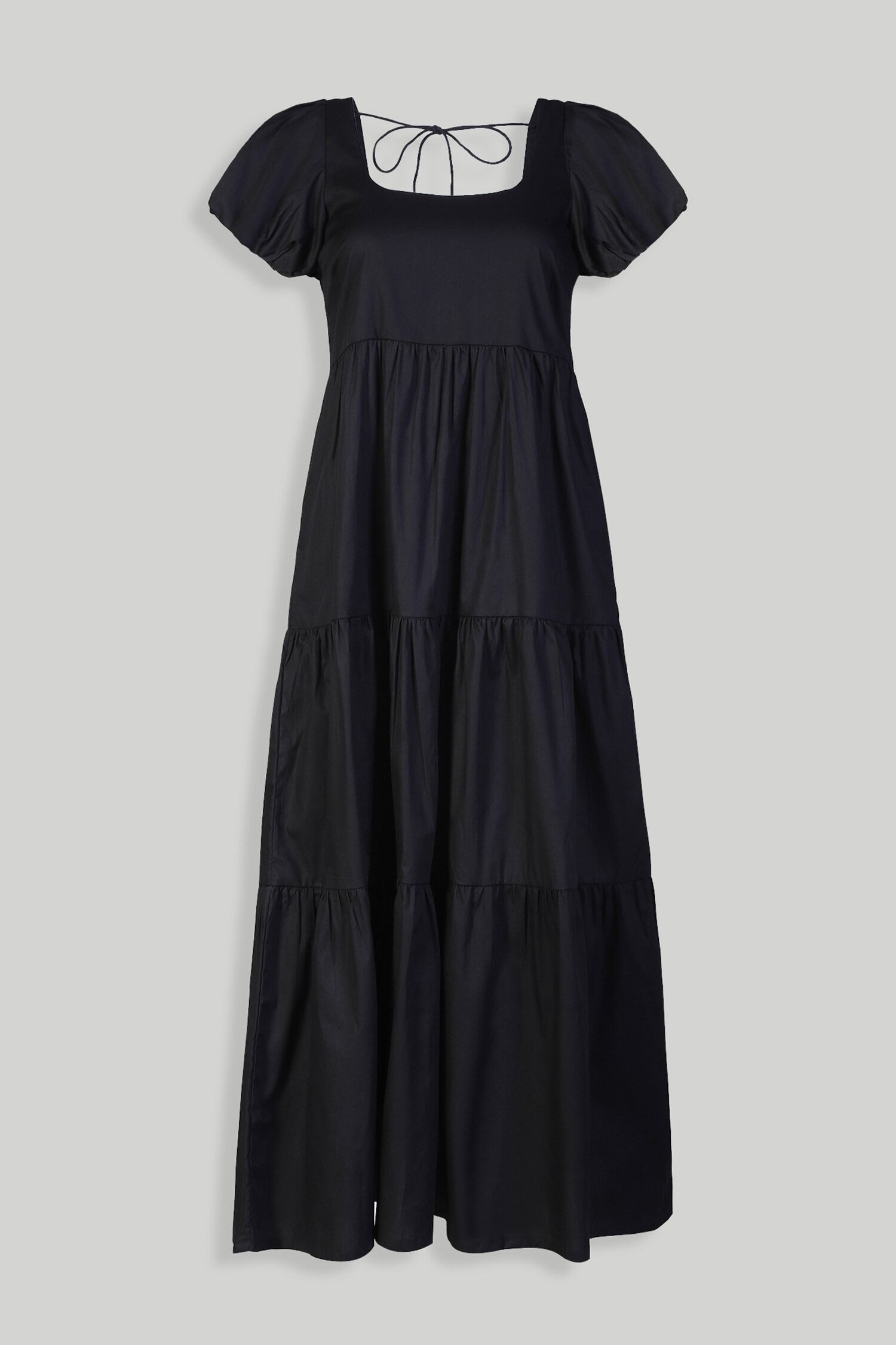 Black Cotton Embroidery Square Neck Puff Sleeve Dress for Women