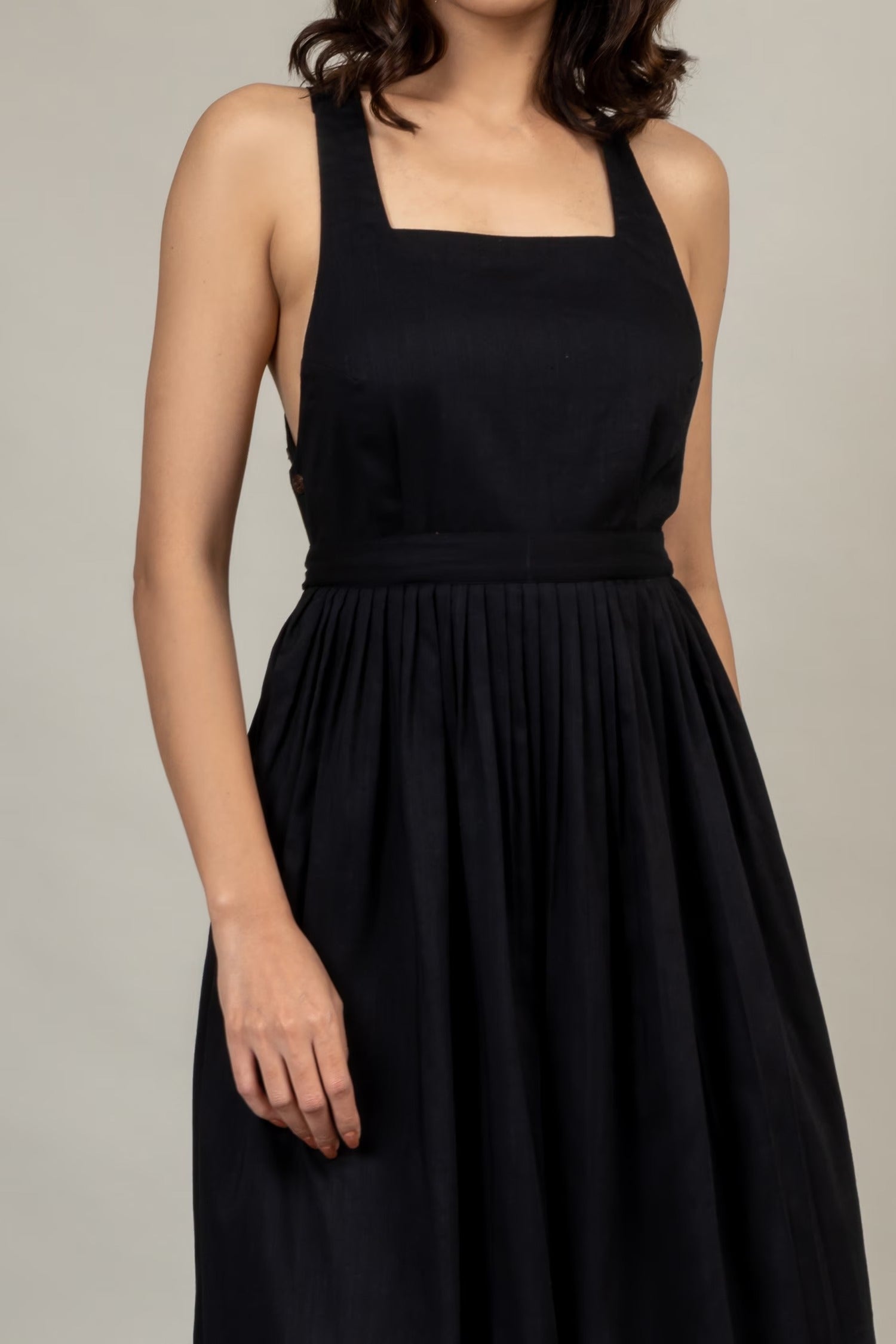 Black Cotton Square Neck Gathered Dress for Women