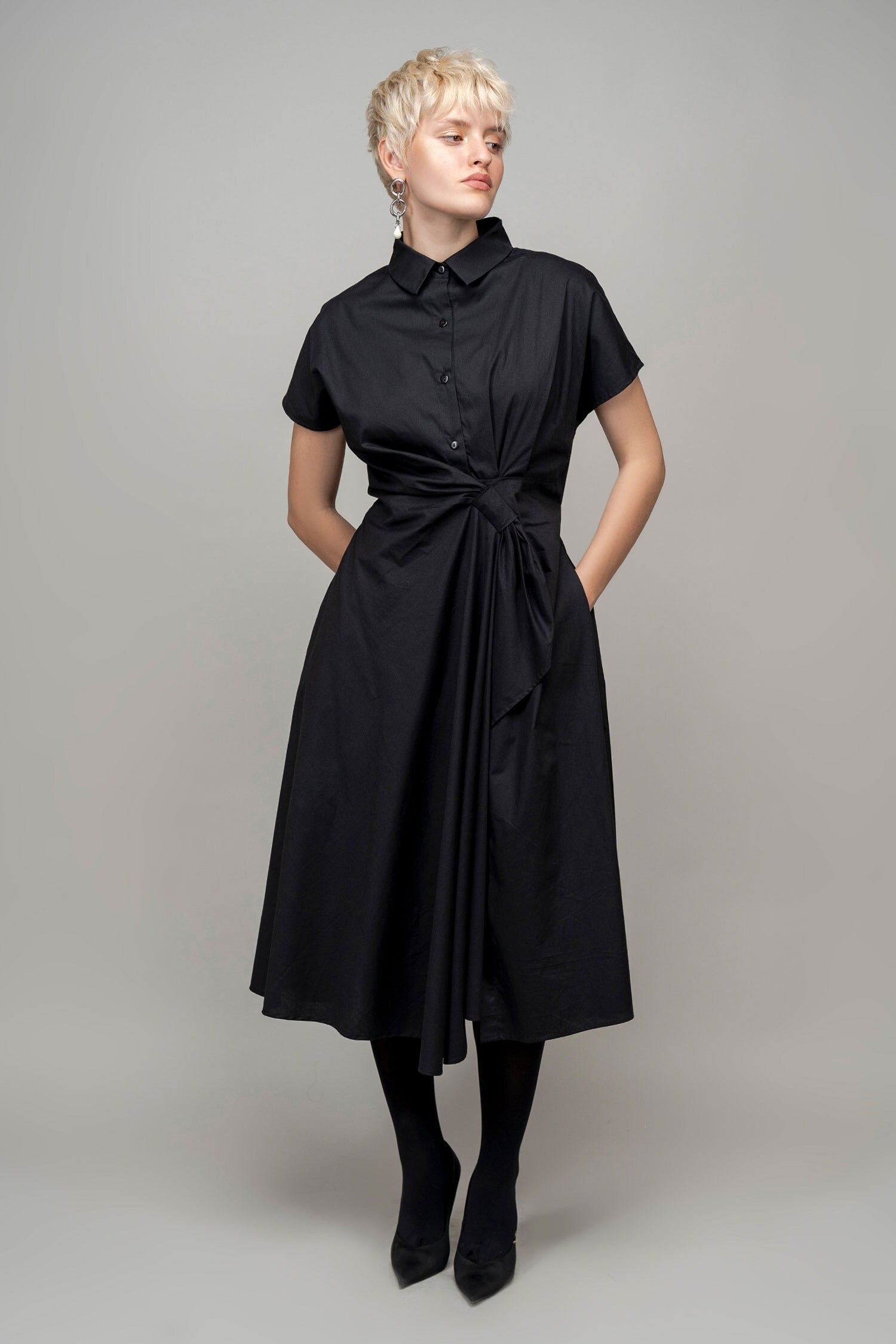 Black Cotton Collared Wrap Dress for Women