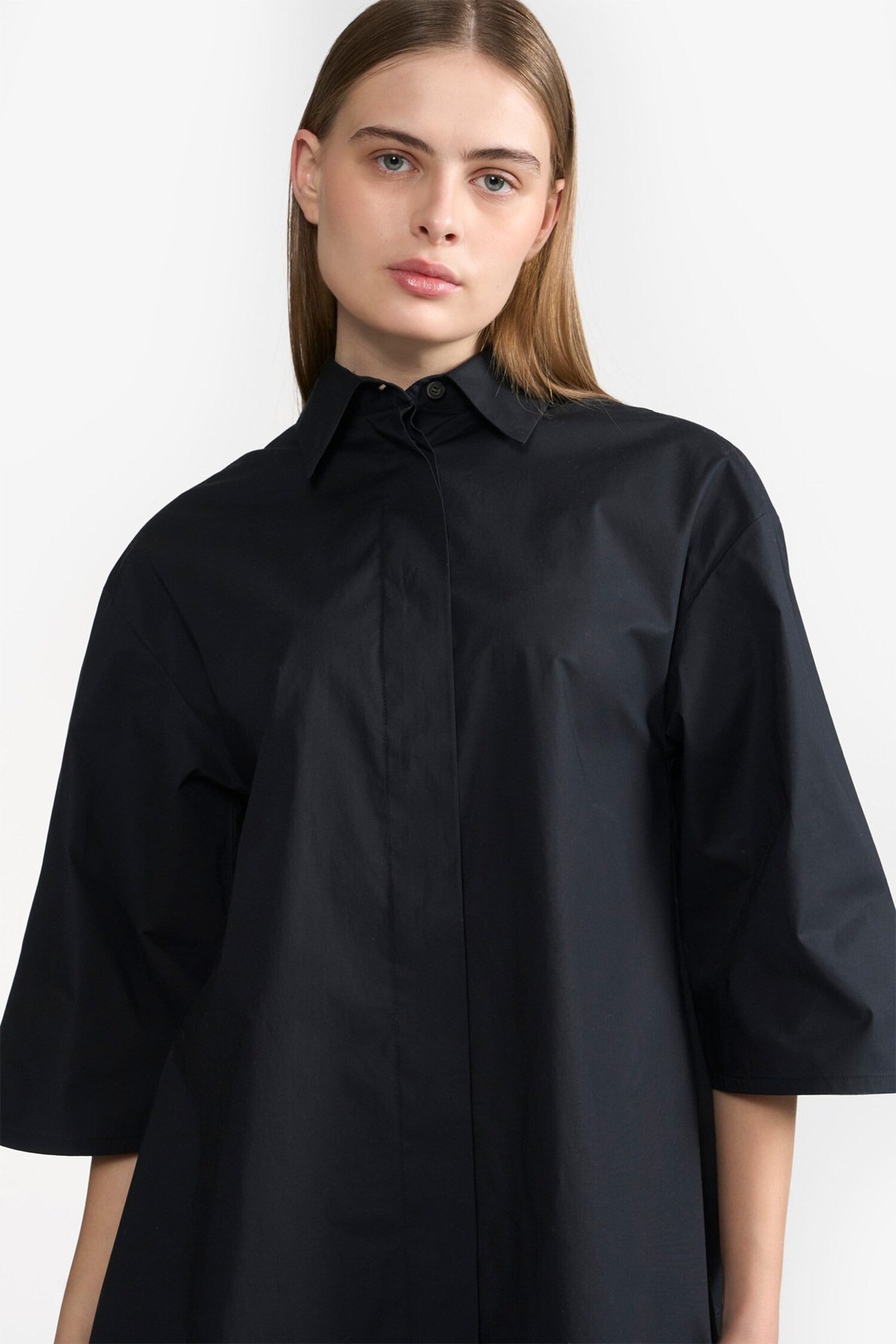 Black Cotton Plain Collared Neck Dress for Women