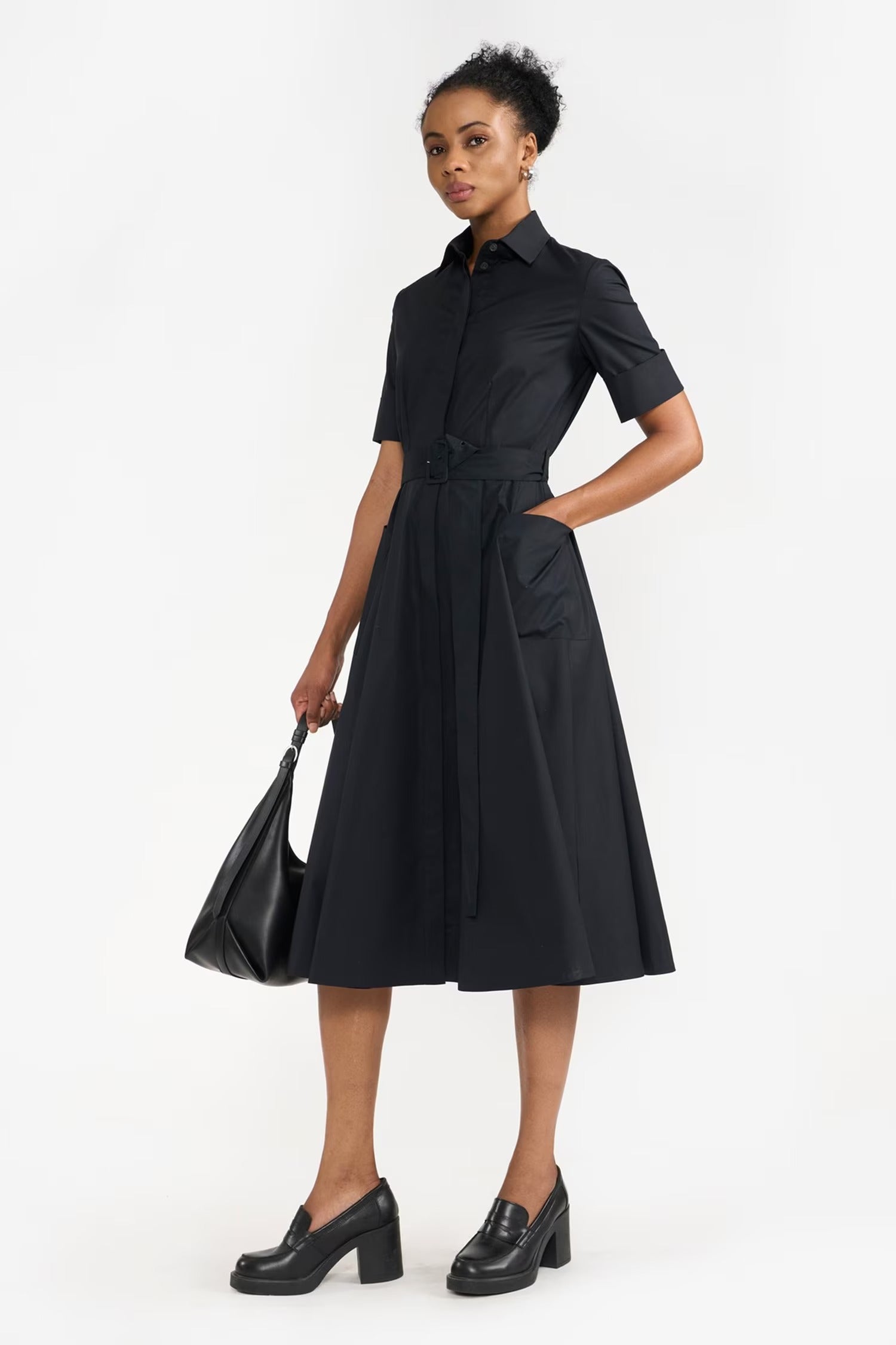 Black Cotton Collared Side Slit Dress for Women Black / L