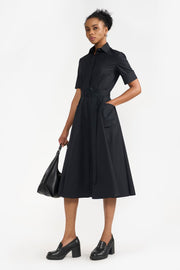 Black Cotton Collared Side Slit Dress for Women