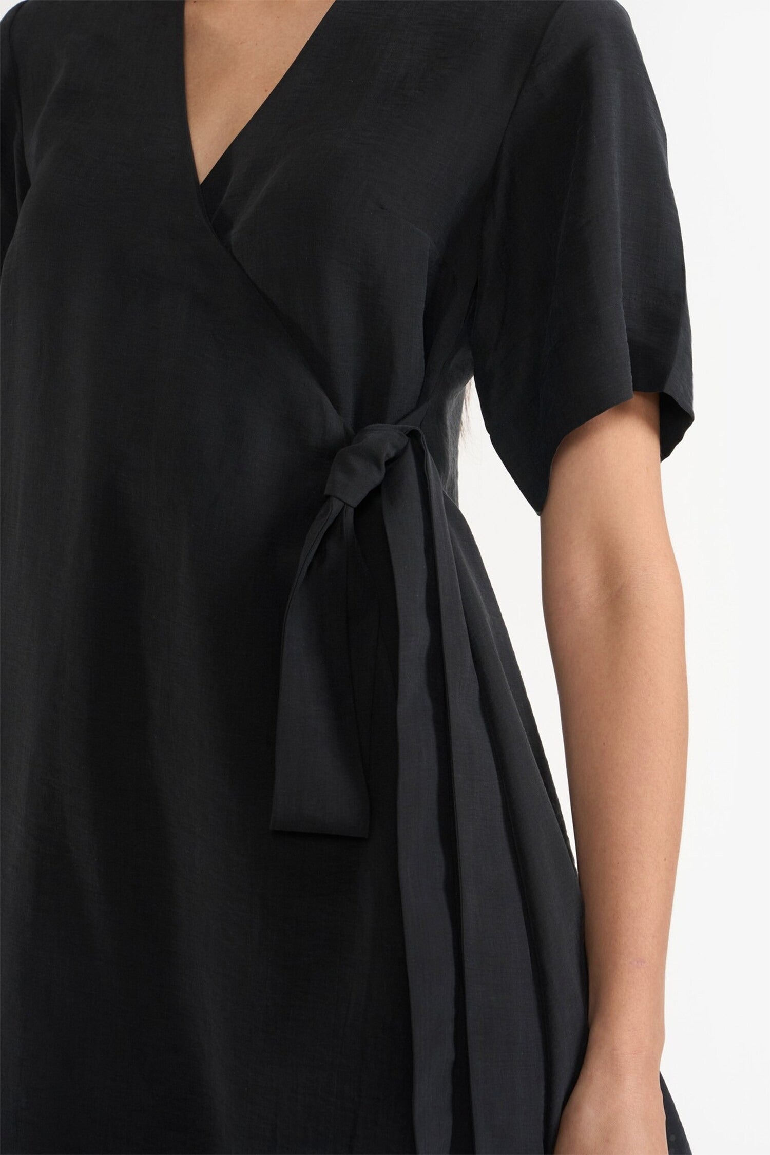 Black Cotton V-Neck Tie Waist Dress for Women