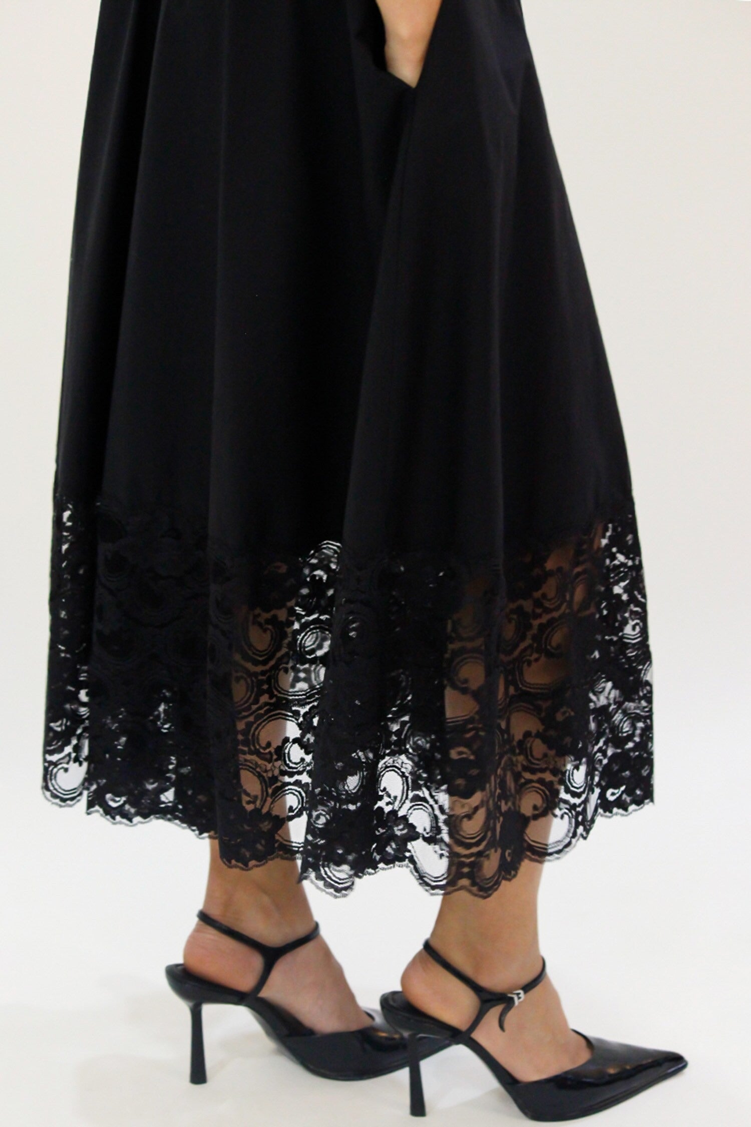 Black Viscose Cotton Lace Plunge Neck Midi Dress for Women