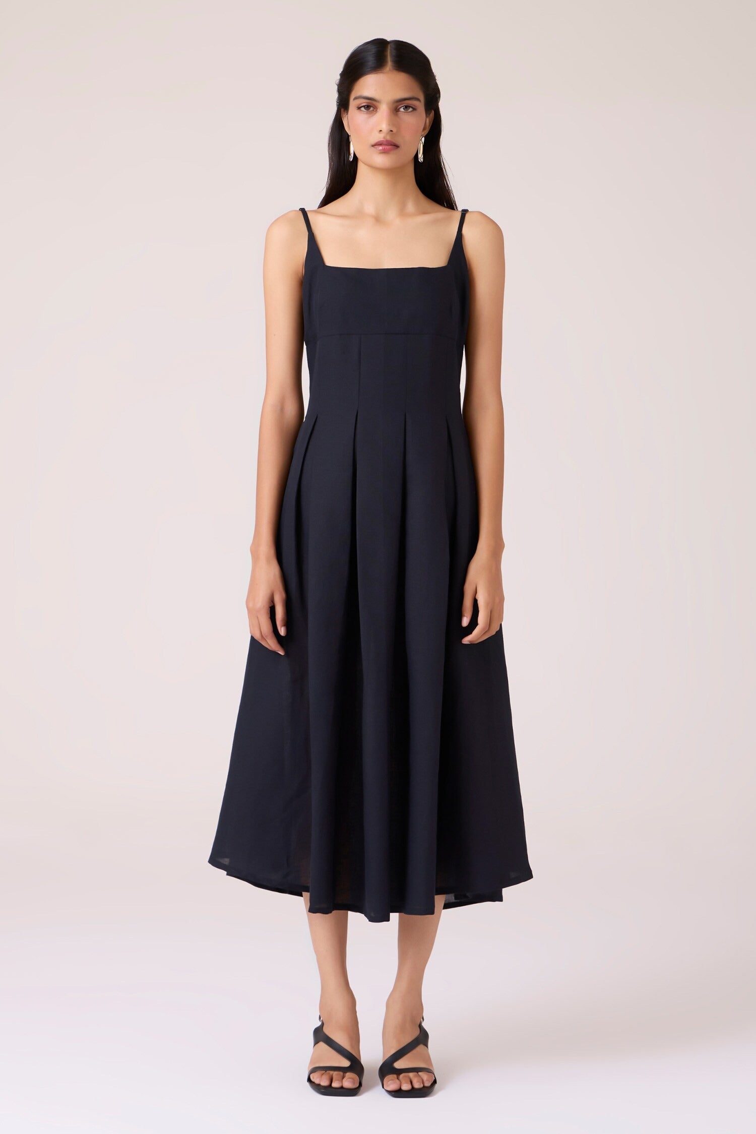 Black Linen Cotton Square Neck Midi Dress for Women