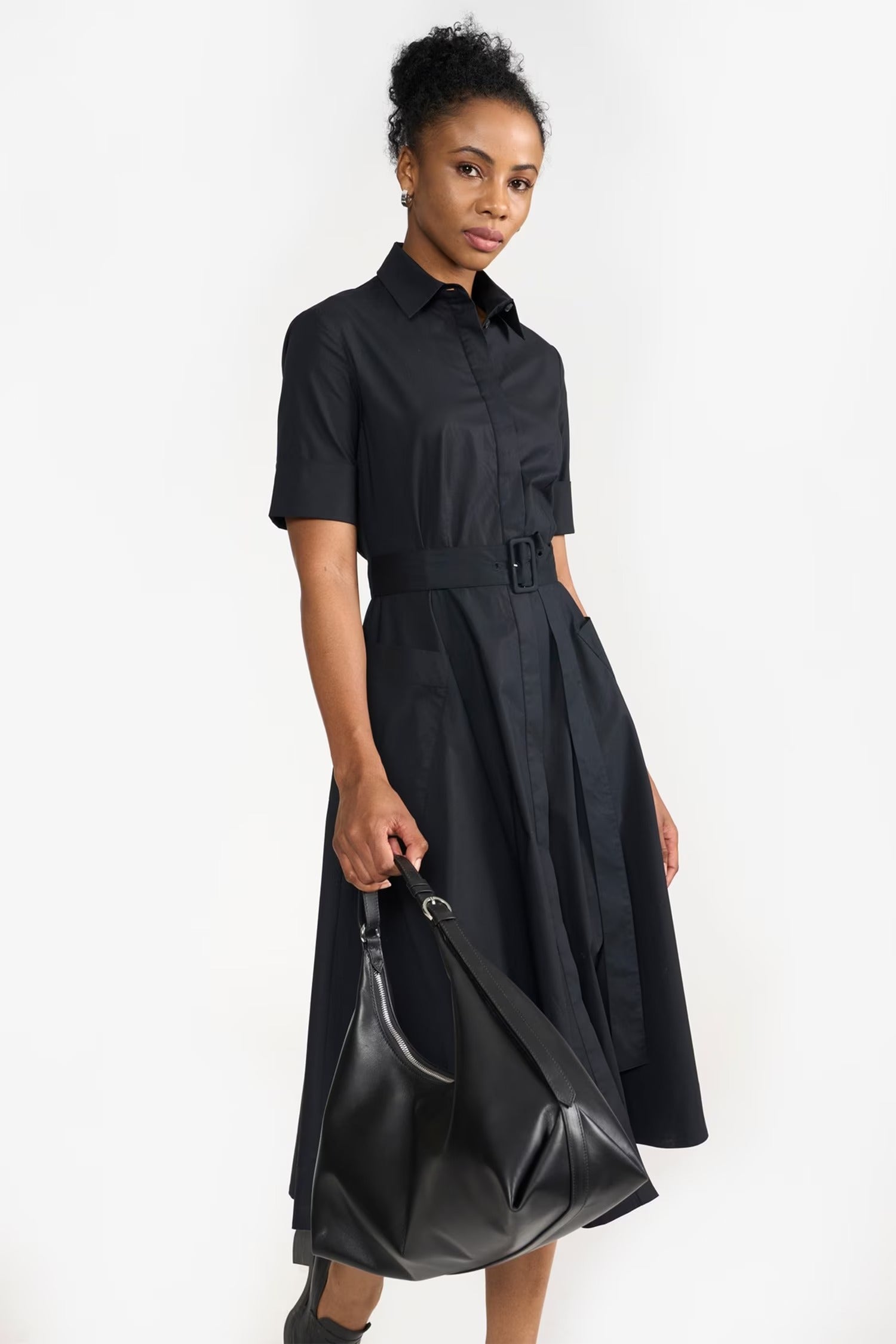 Black Cotton Collared Side Slit Dress for Women