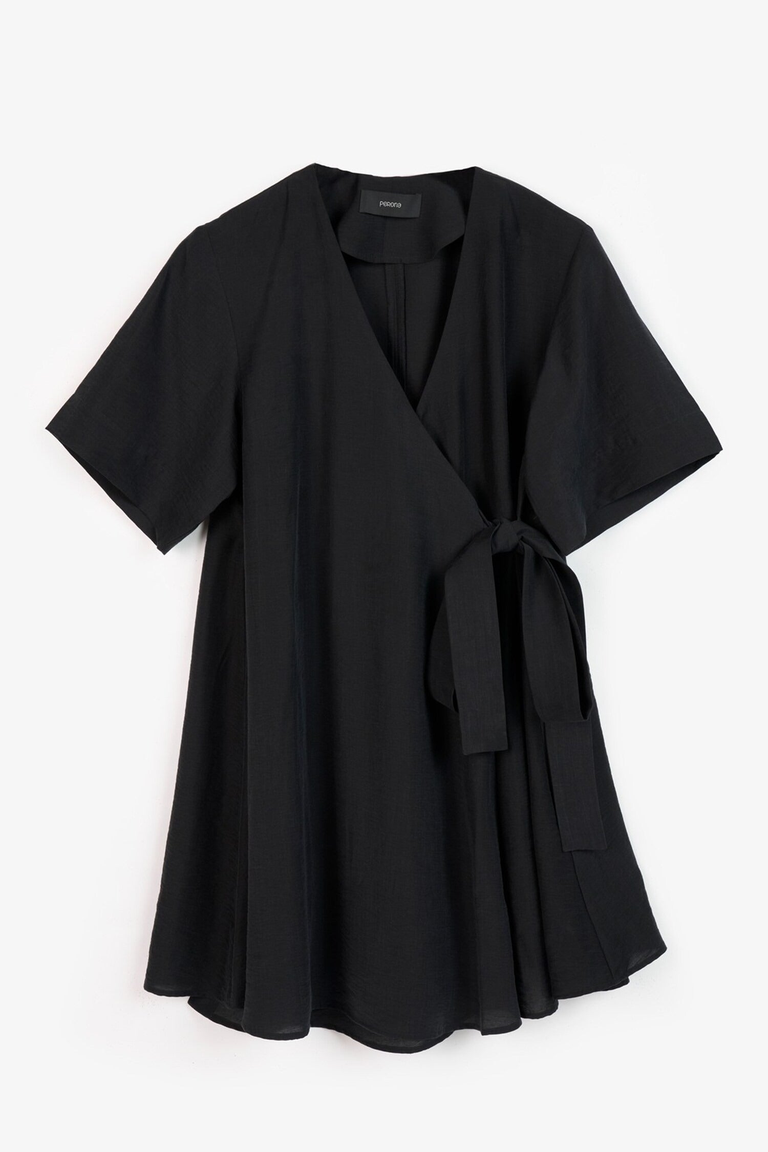Black Cotton V-Neck Tie Waist Dress for Women