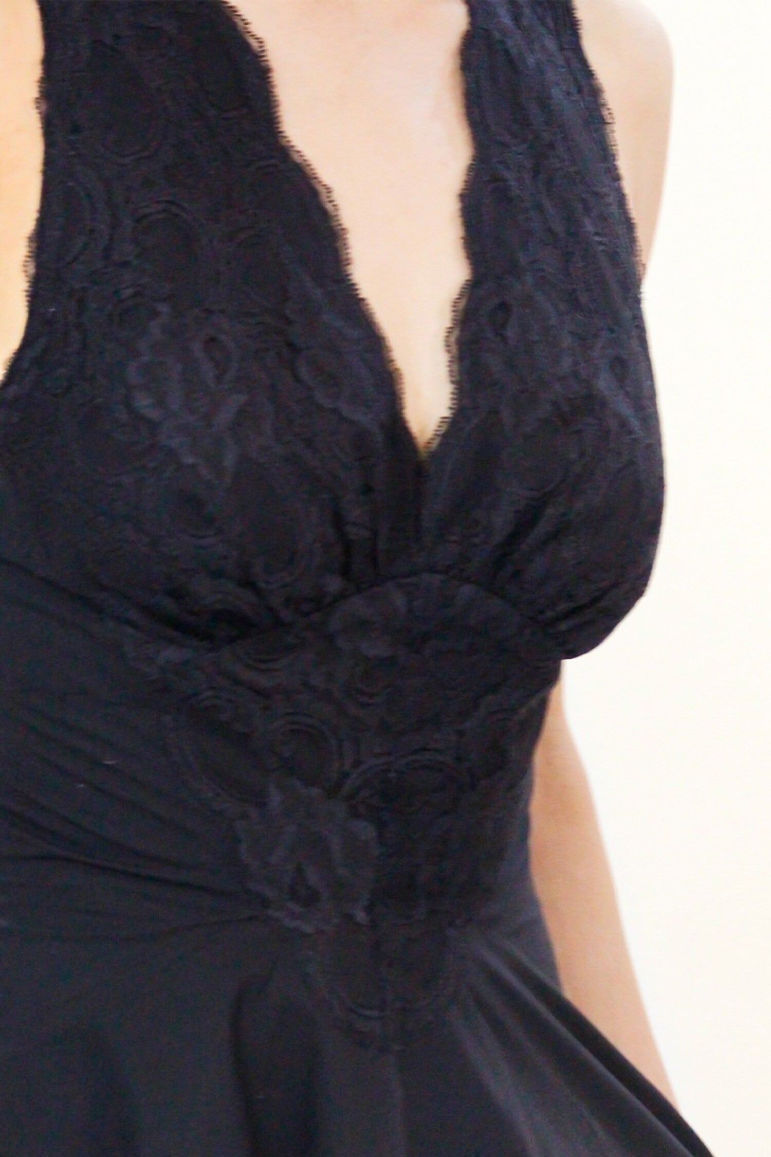 Black Viscose Cotton Lace Plunge Neck Midi Dress for Women