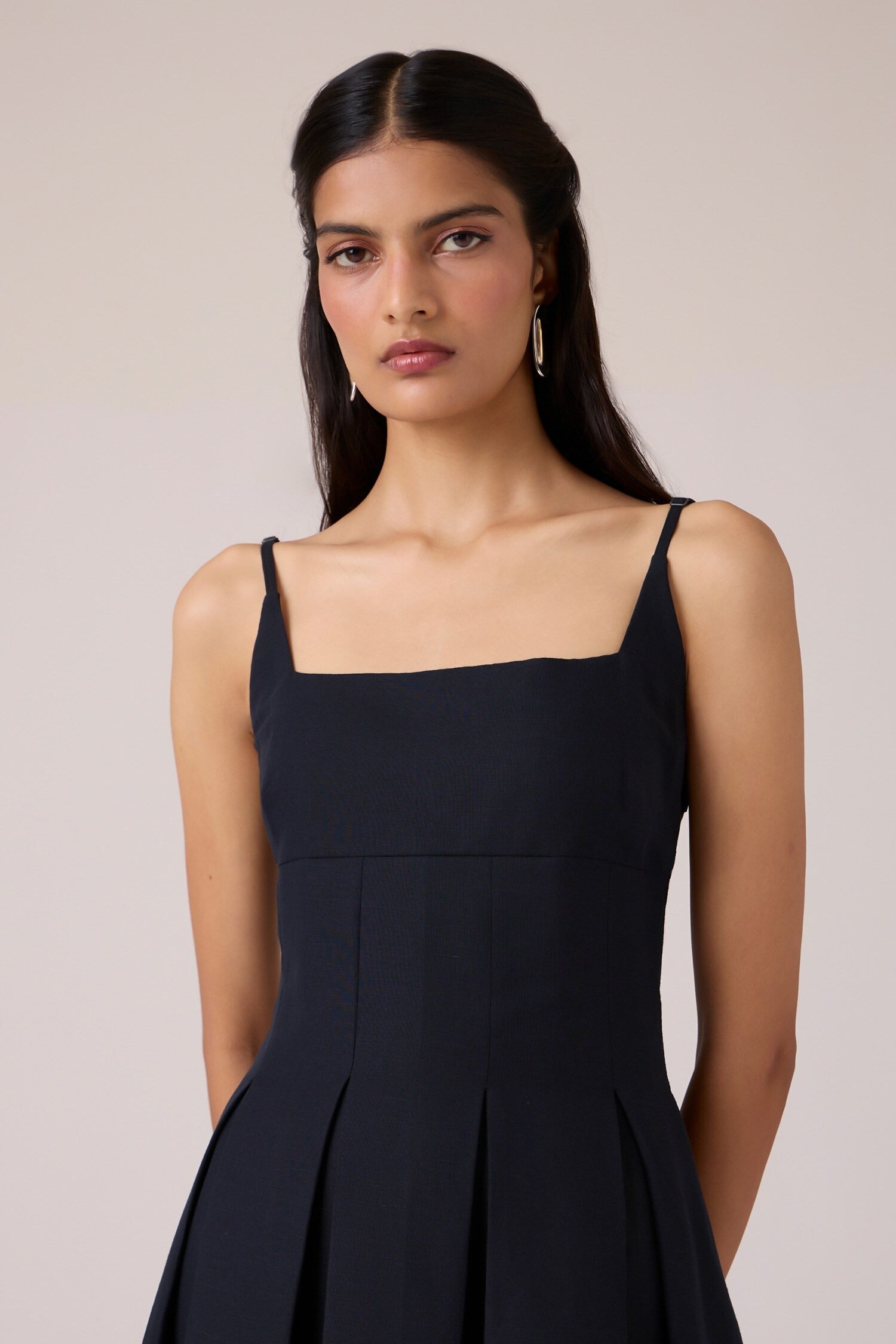 Black Linen Cotton Square Neck Midi Dress for Women