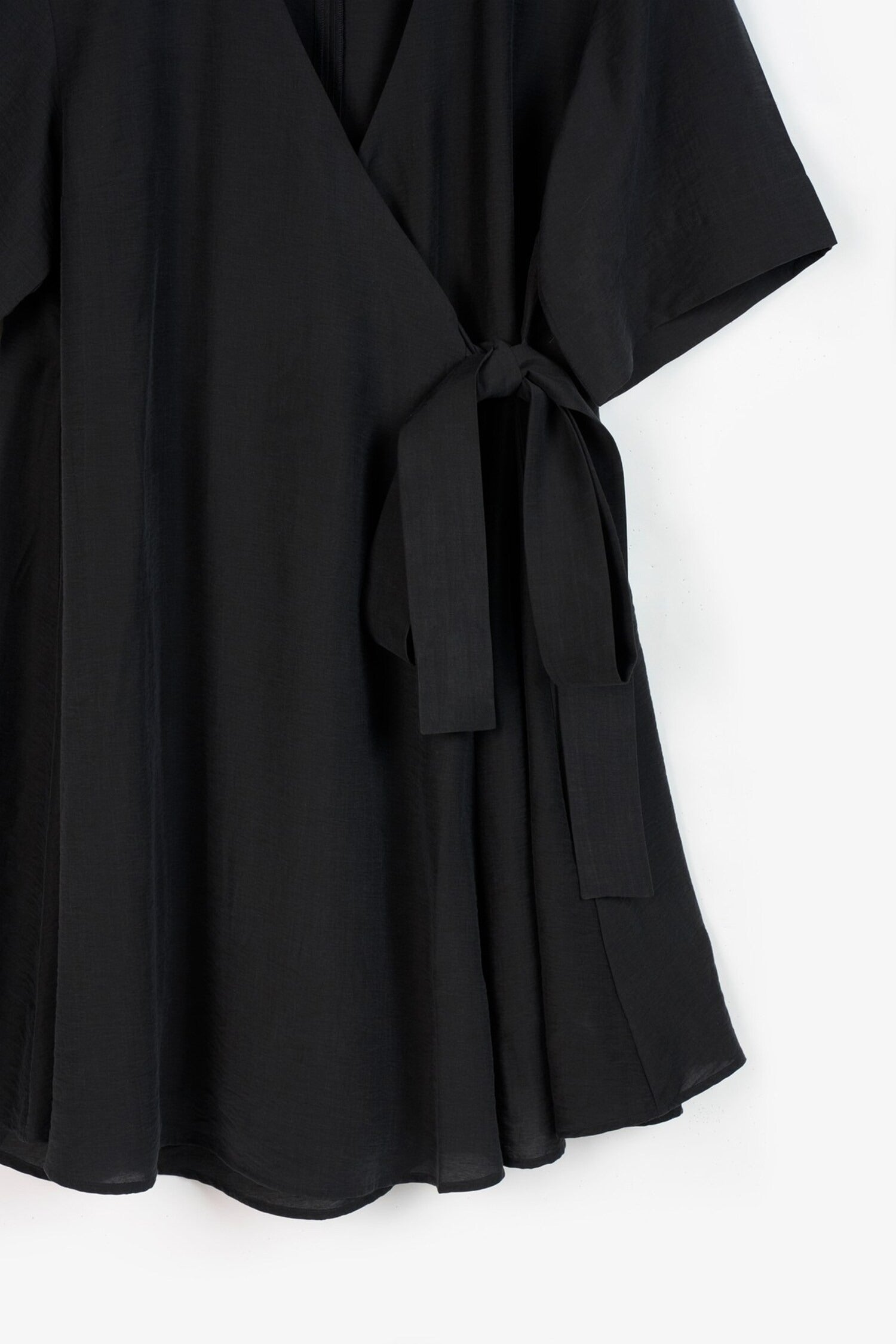 Black Cotton V-Neck Tie Waist Dress for Women