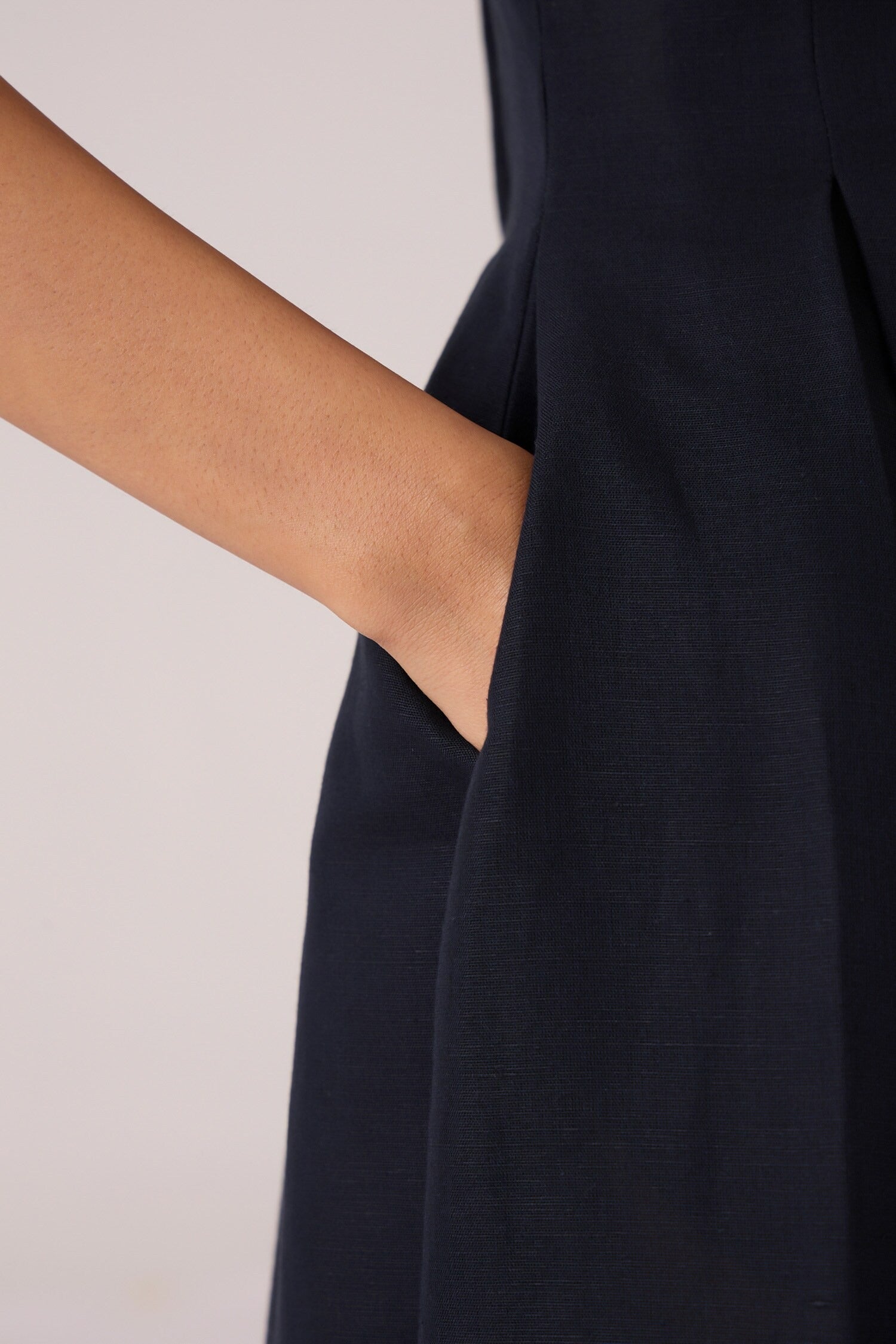 Black Linen Cotton Square Neck Midi Dress for Women
