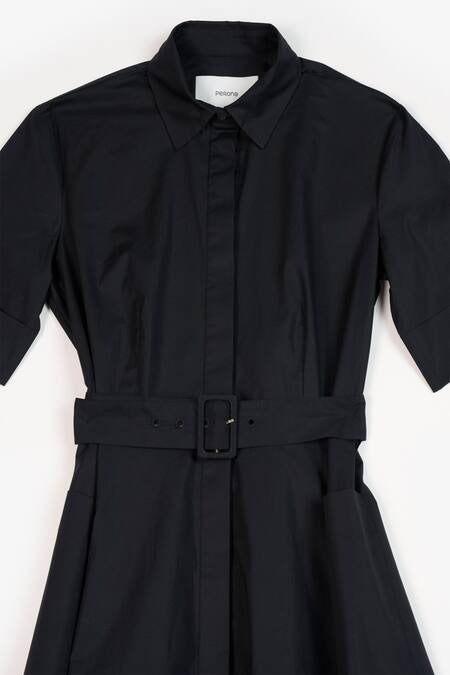 Black Cotton Band Collar Midi Dress for Women