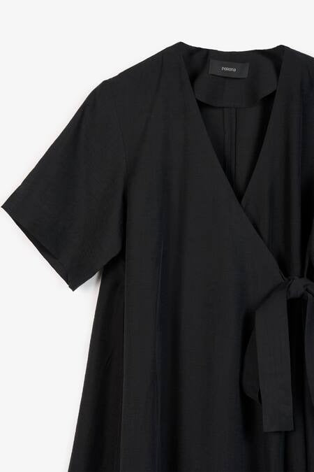 Black Cotton V-Neck Tie Waist Dress for Women