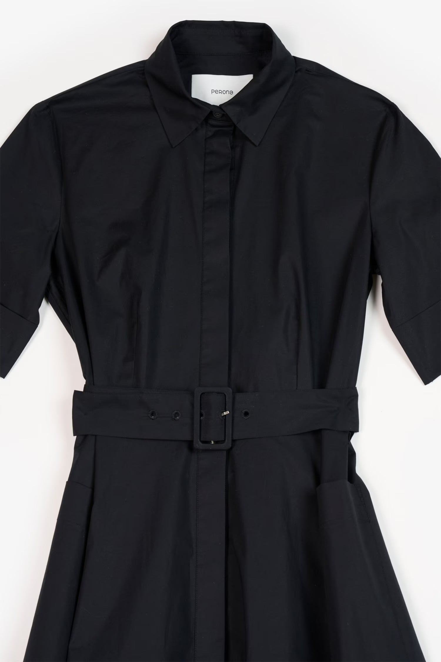 Black Cotton Band Collar Midi Dress for Women