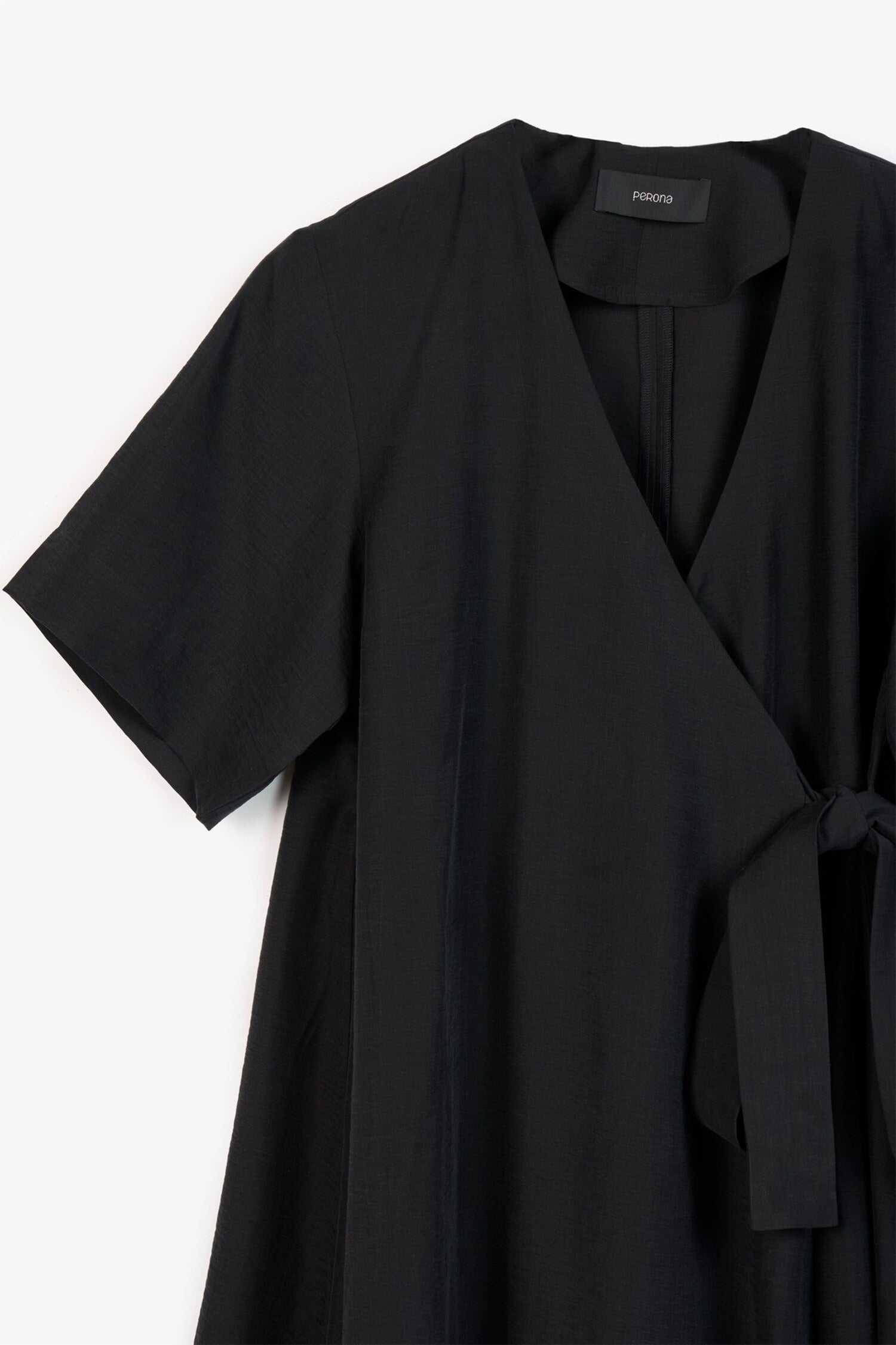 Black Cotton V-Neck Tie Waist Dress for Women