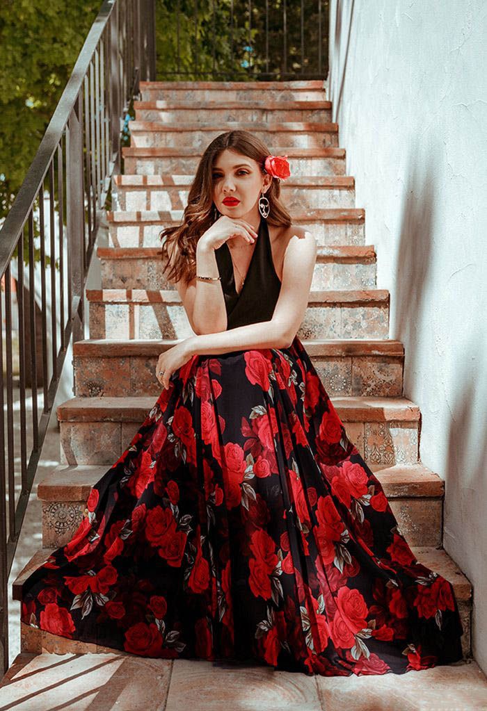 Midnight Rose High Waisted Chiffon Maxi Skirt in Black Red