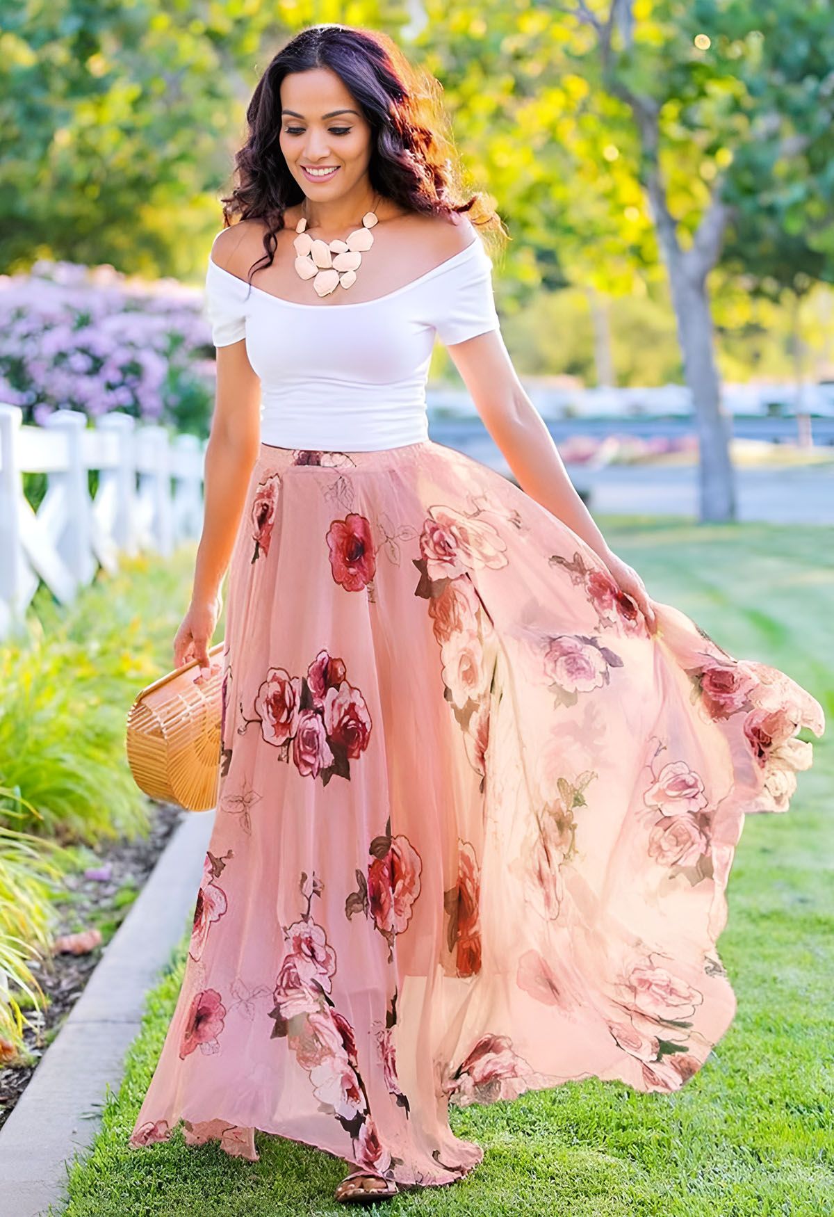 Blush Rose Garden Floral Print Flared Maxi Skirt
