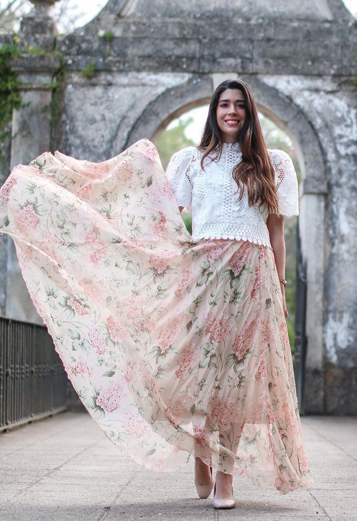 Bohemian High Waisted Flowy Chiffon Skirt  Vintage Lilac Print