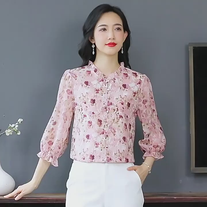 Load video: Elegant Floral Ruffle And Soft Pink &amp; Burgundy Floral Top