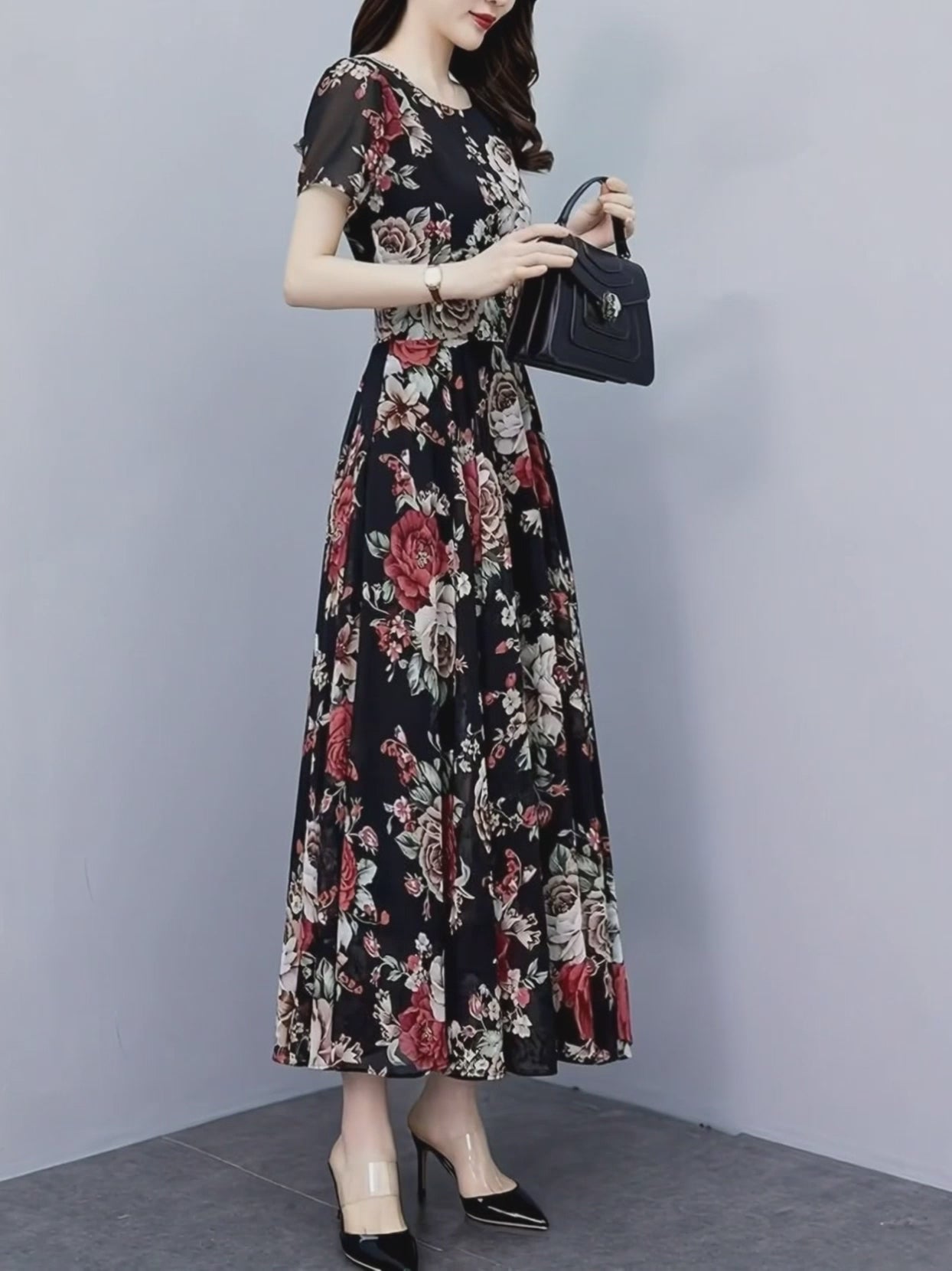 Load video: Short Sleeve Round Neck  Retro Rose Botanical Print Floral Chiffon Long Dress