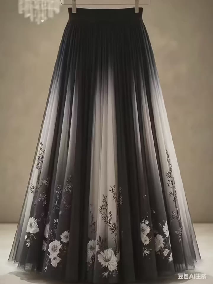 Load video: Elegant Pleated Monochrome Ombre Skirt Flowing Silhouette with Soft Floral Ombre Pattern for Modern Feminine Style