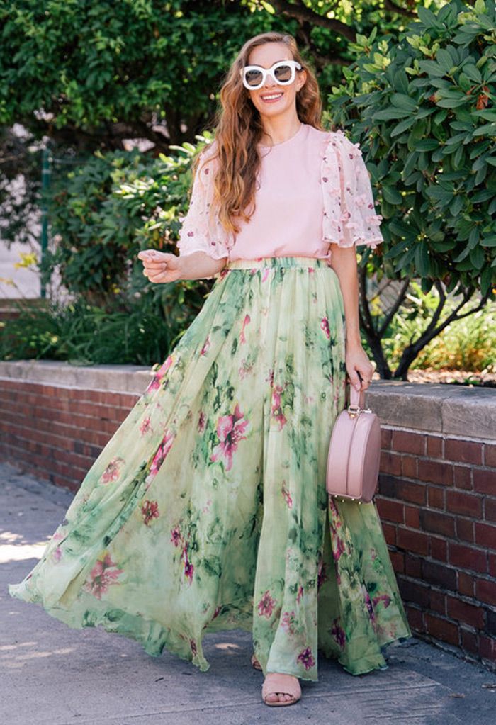 Women Mint Green Botanical Chiffon Maxi Skirt Soft Flowing Silhouette with Light Breathable Fabric and Feminine Charm