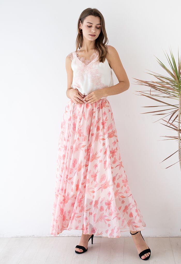 Blush Pink Flared Chiffon Skirt Flowing Lightweight Fabric with Delicate Floral Motif